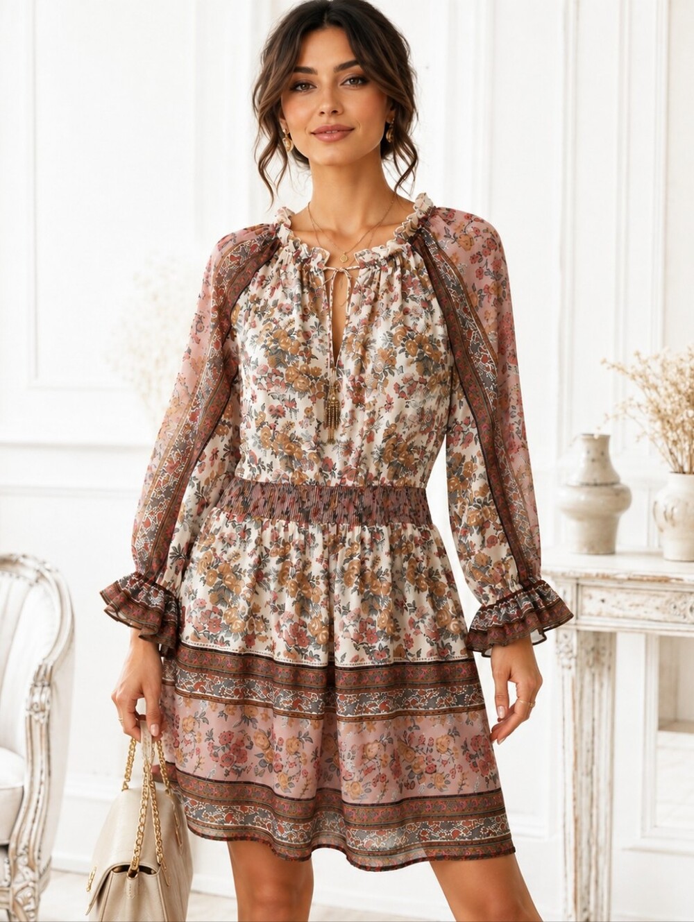Love The Label | Floral Boho Border Print Smocked Waist Dress | Size Medium